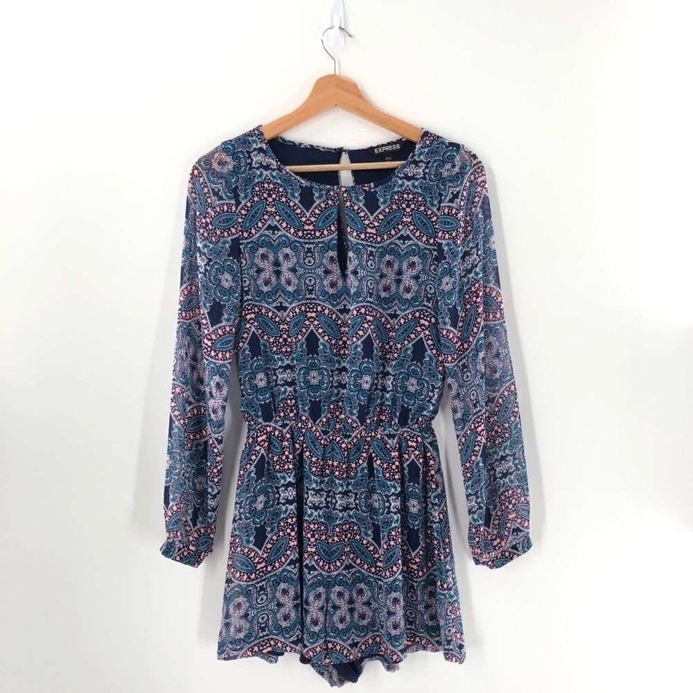 Express Paisley Print Keyhole‎ Long Sleeve Romper Size XS